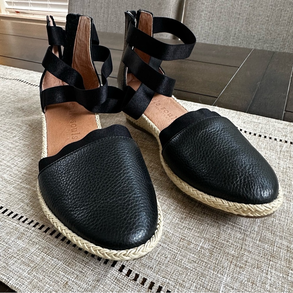 gentle souls Black Espadrille Sandal with Braided Trim